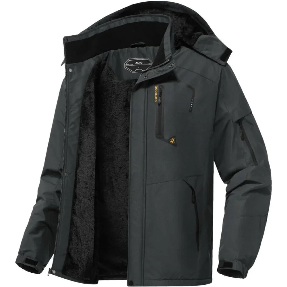 Men's Dark Grey Waterproof Winter Warm Snow Coat Fleece Lined Hiking Ski Jacket